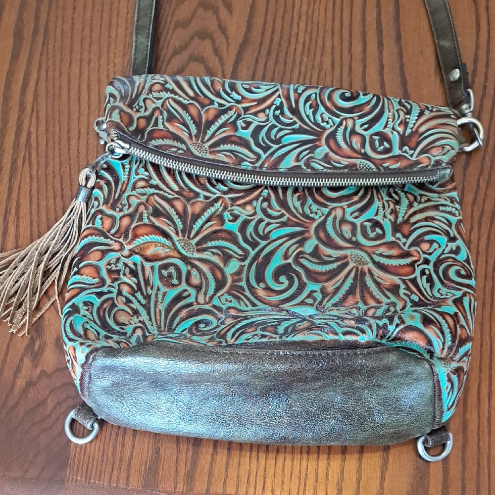 Patricia Nash Luzille Turquoise Tooled Leather Convertible Backpack Crossbody